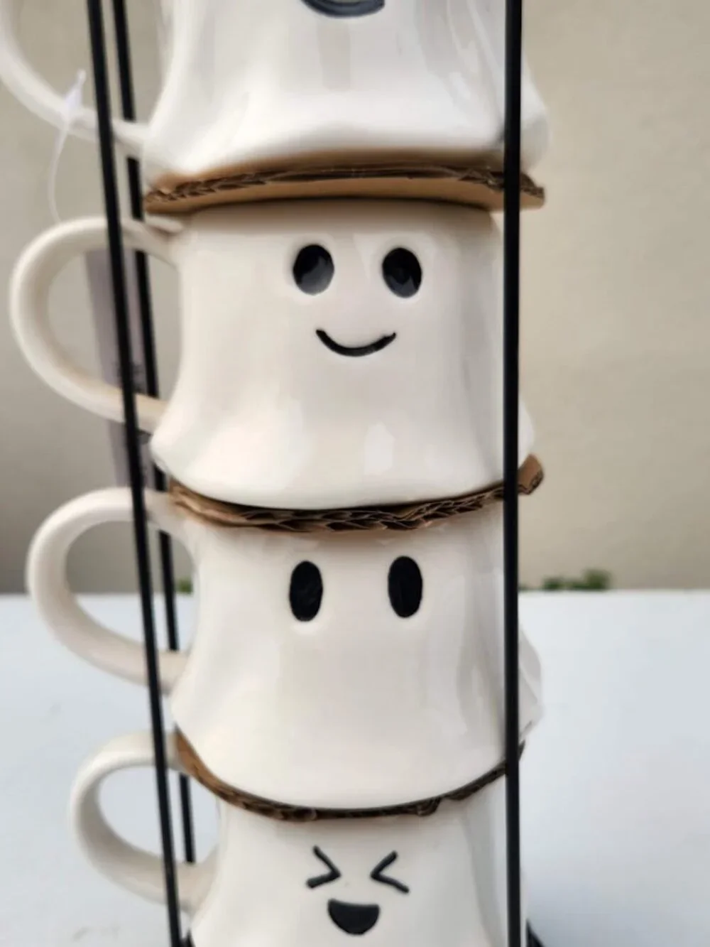 NEW Ceramic Ghost Mugs Mug Set of 4 Stacking Stackable White Stoneware Can hold